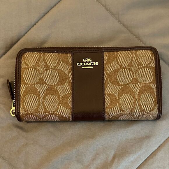 Coach Signature Brown and Tan Zip Wallet - Picture 1 of 3